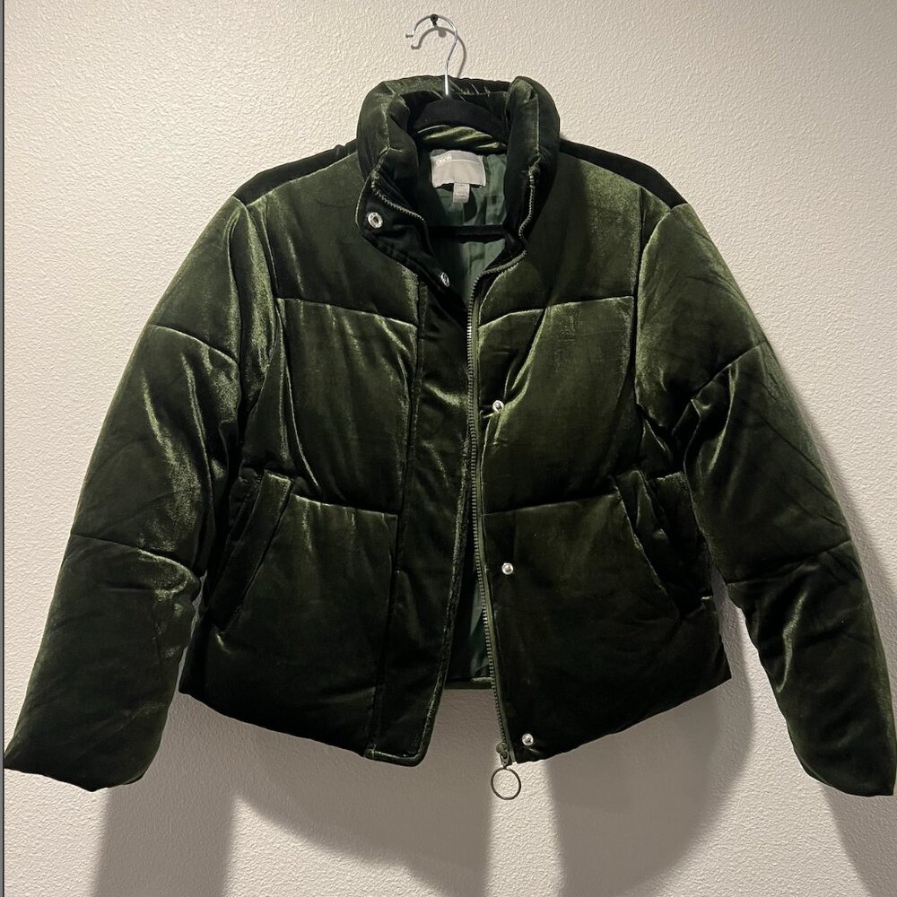ASOS Design Dark Green Velvet Puffer Jacket - Size 2